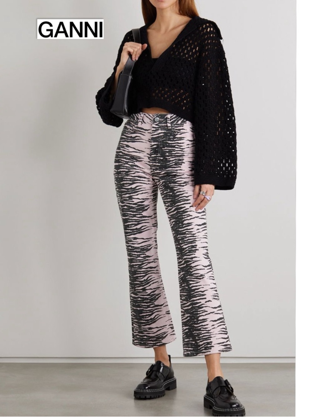 GANNI Pink Tiger Stripe Betzy Cropped Bootcut Jeans High Rise Size 26 Pink Black